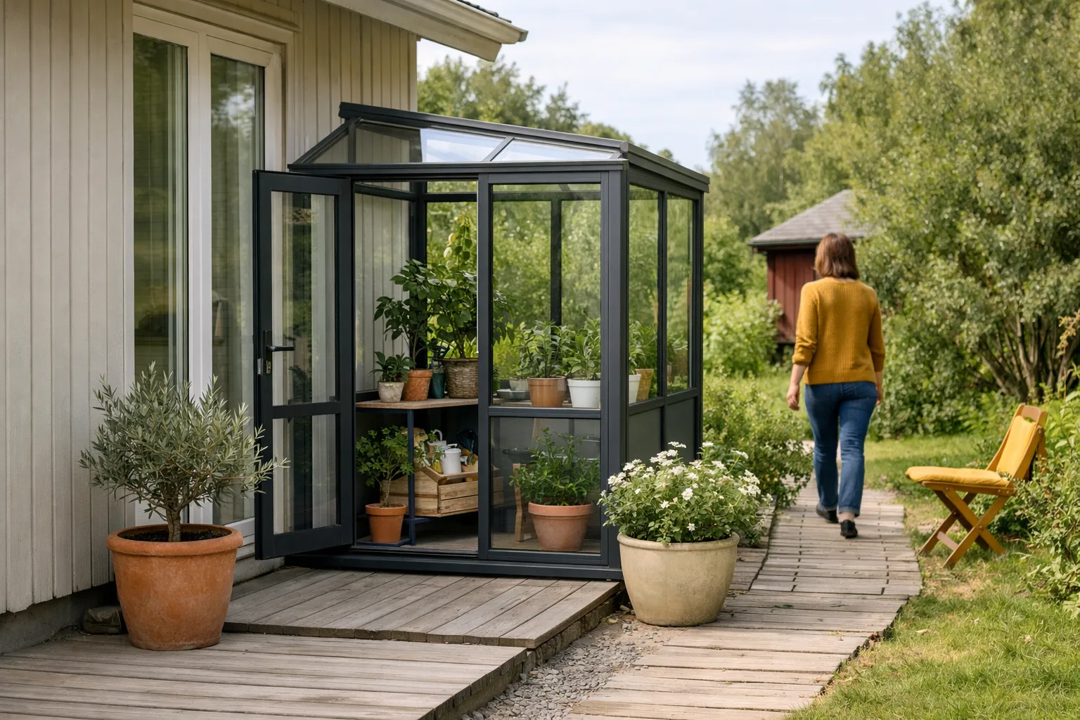 Litet glasrum med svart ram mot en husvägg, med krukväxter och en hylla inuti.
