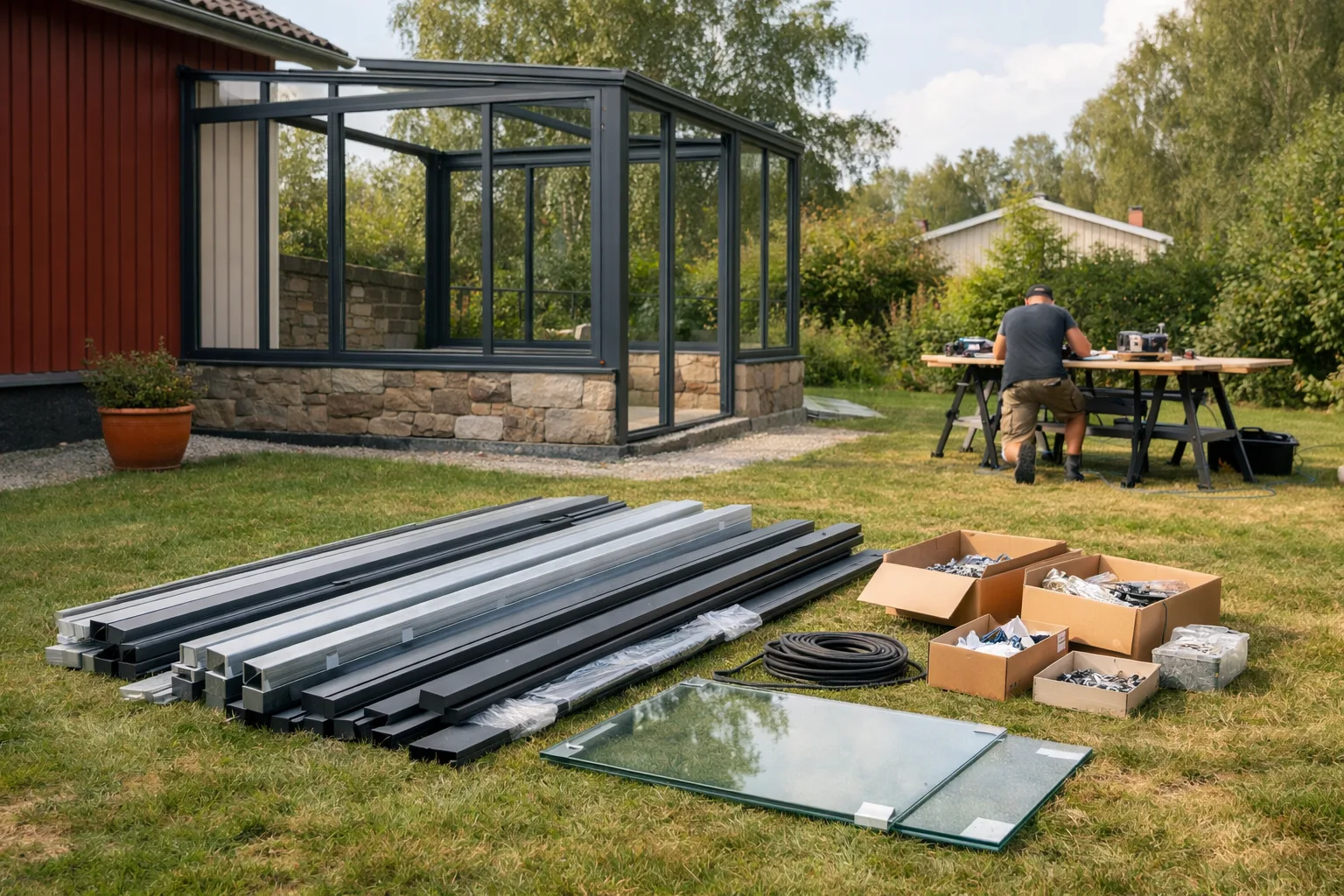 Aluminiumprofiler, glasskivor och kartonger med beslag på en gräsmatta framför ett nästan färdigt glasrum på en stensockel.