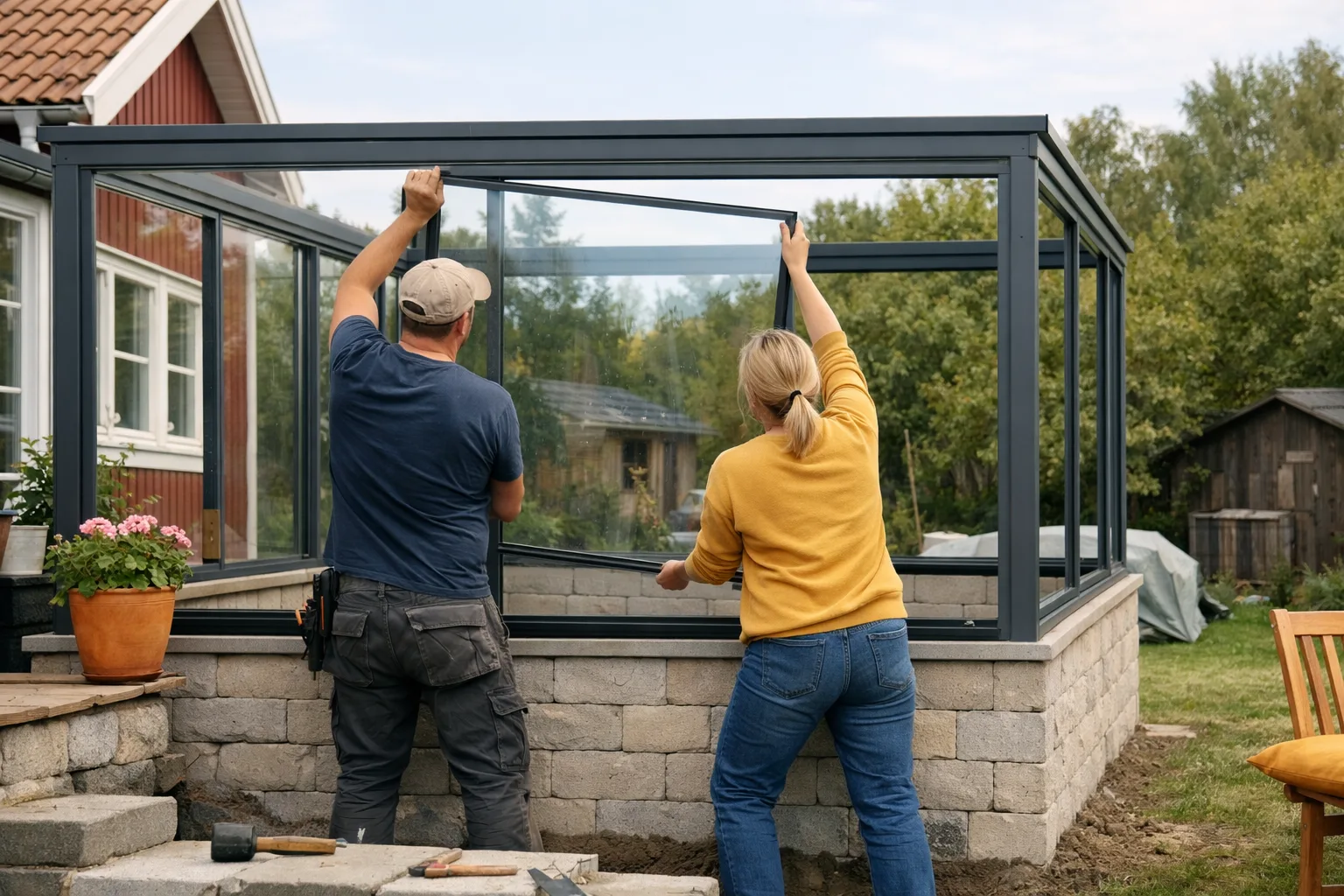 Två personer sätter in en glasruta i en aluminiumstomme på en mur vid ett rött hus