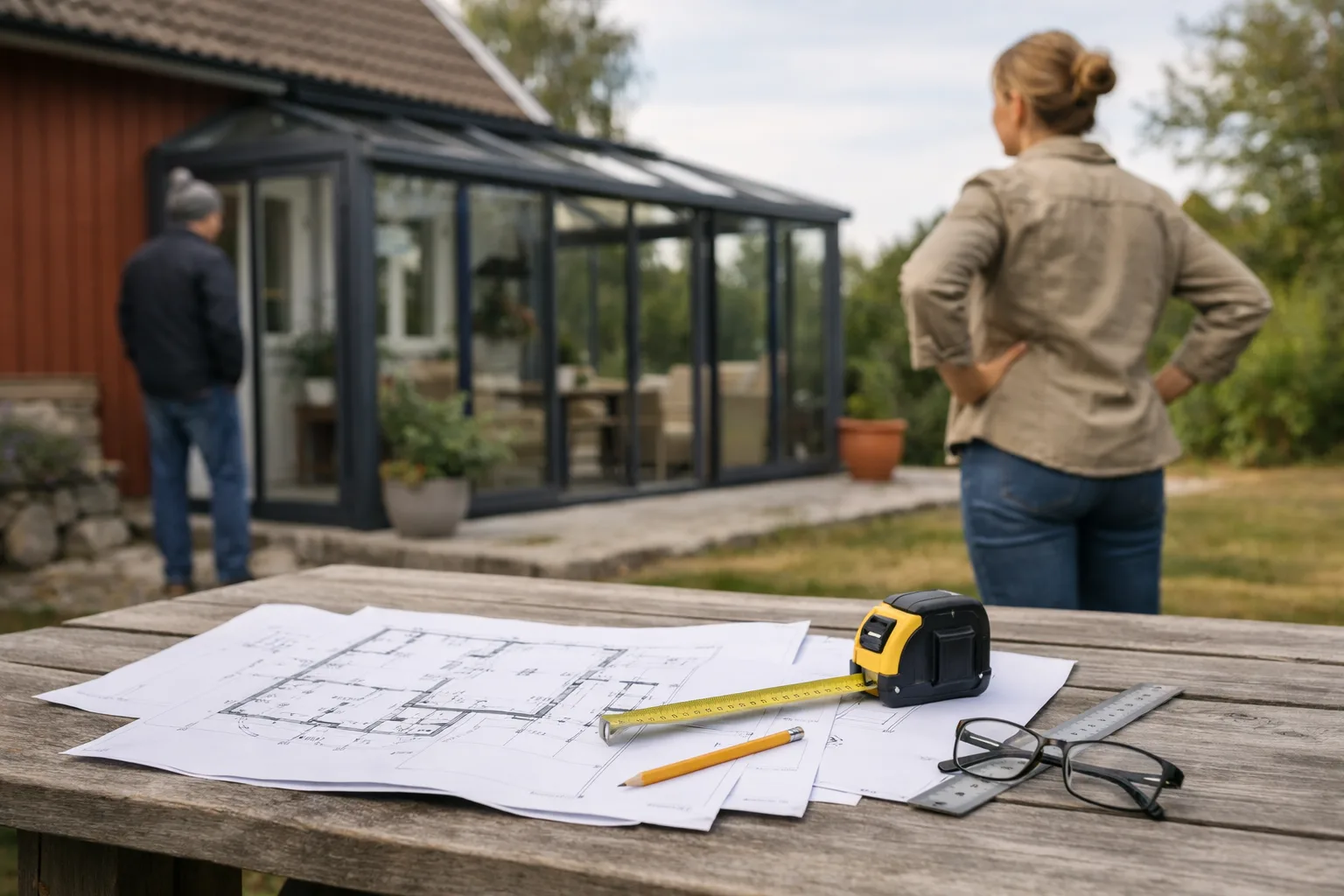 Bygglovsritningar, måttband och penna på ett trädgårdsbord framför ett glasrum vid ett rött hus