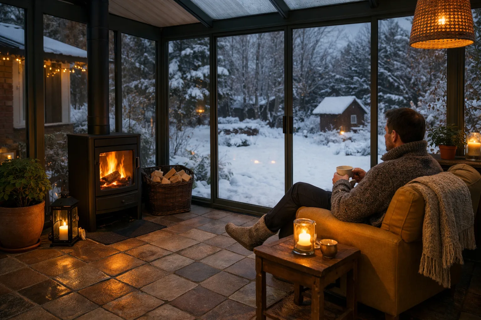Svart vedkamin med brinnande eld i ett glasrum, vinterträdgård med snö utanför och en man i fåtölj med kaffekopp
