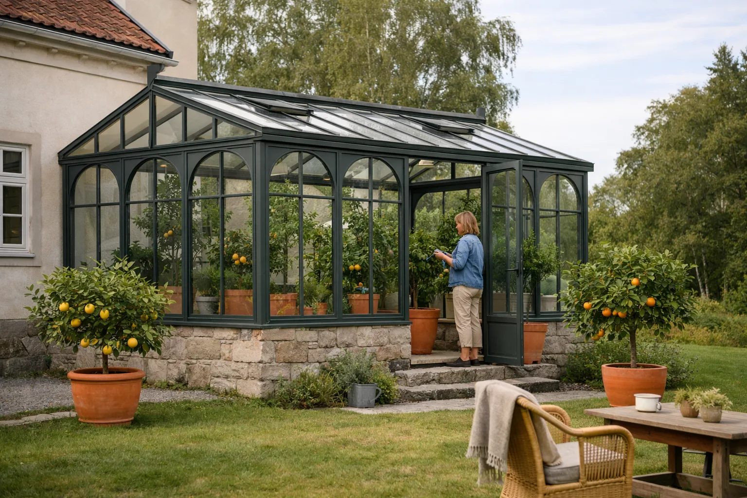 Orangeri i mörk aluminium med glasväggar och citrusträd i krukor, byggt mot ett hus med stensockel