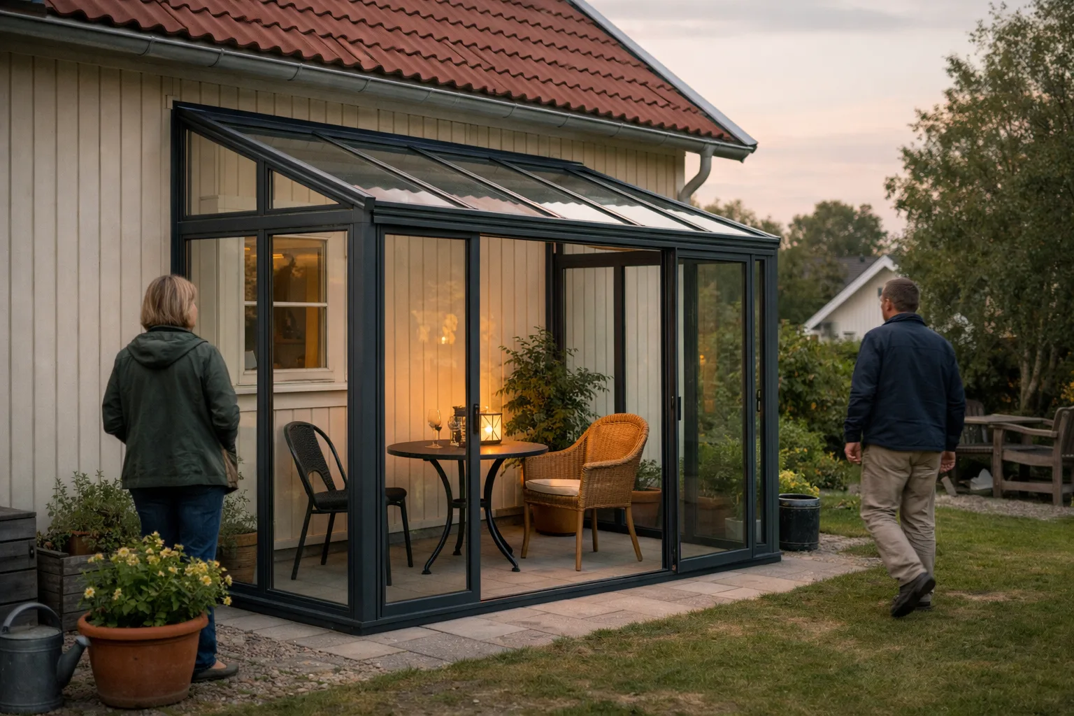 Orangeri mot husväggen med bord och stolar