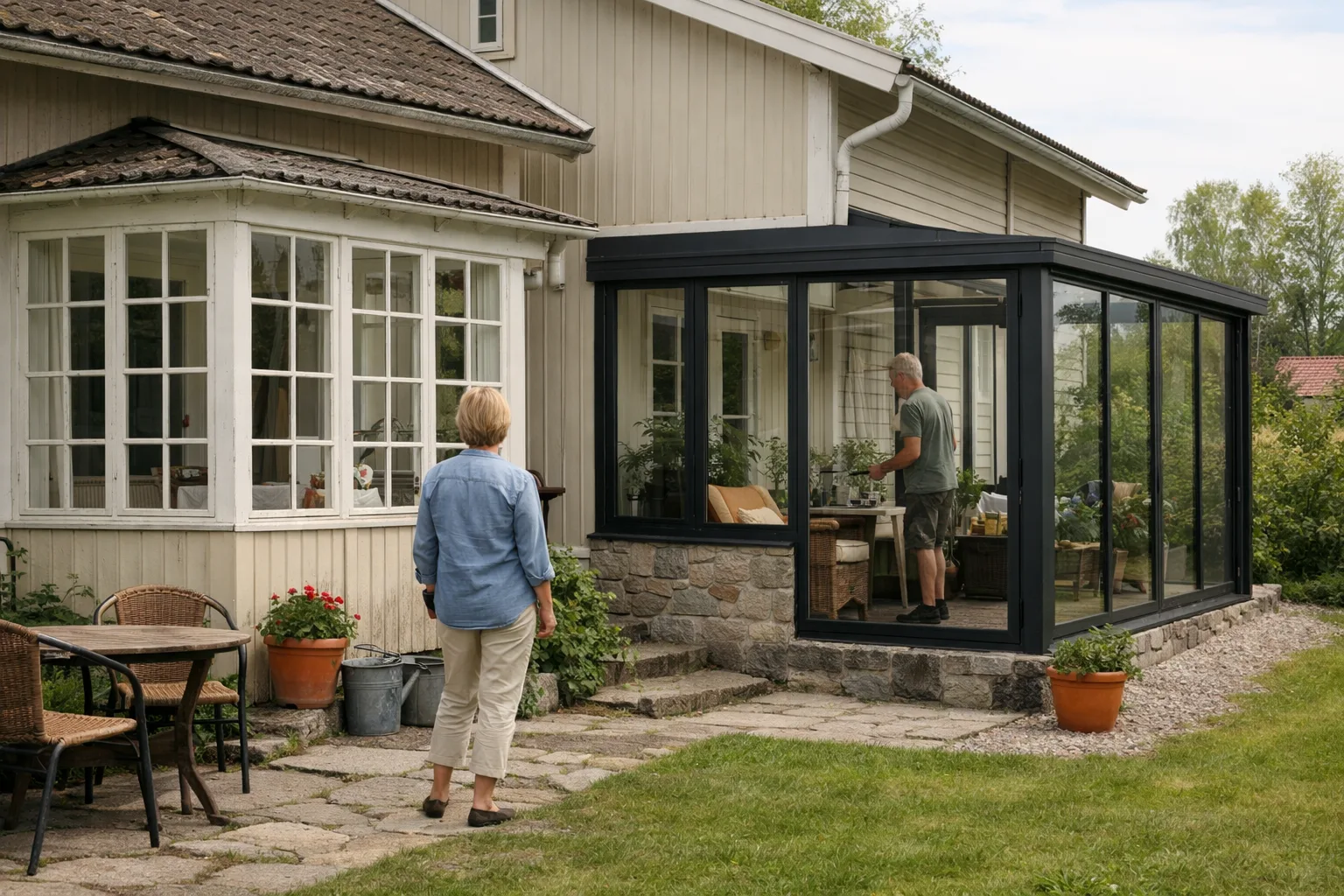 Glasrum av aluminium och glas vid ett hus, med sittgrupp och växter inomhus
