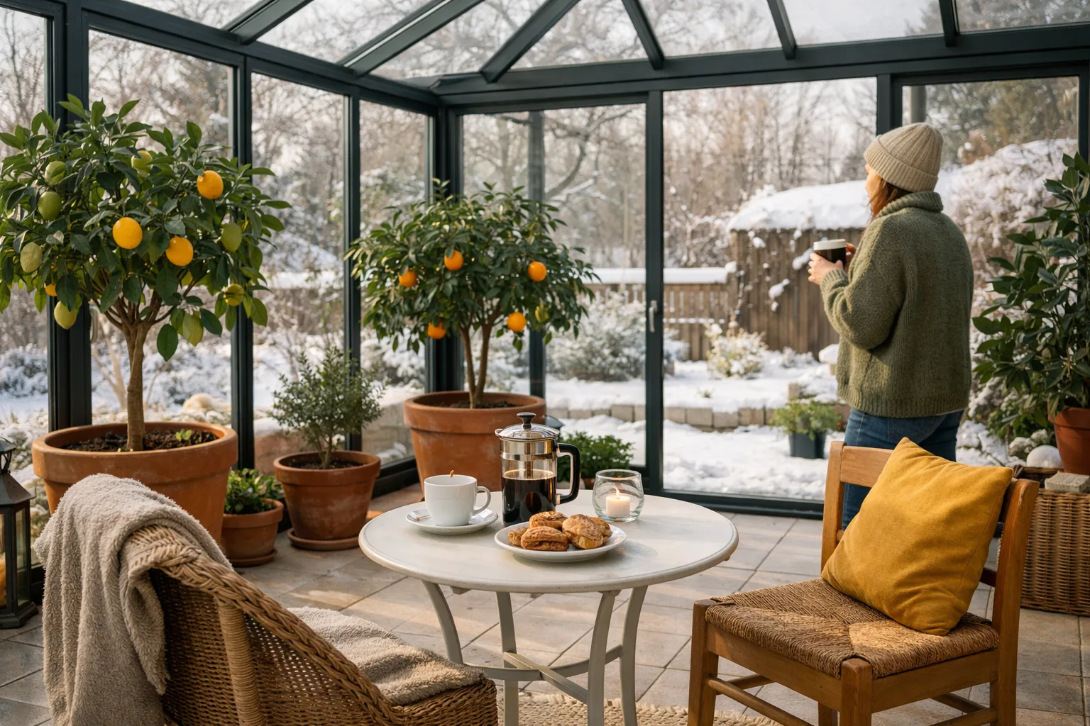 Glasrum i snö med citrusträd i krukor, ett runt cafébord med kaffe och bakverk och en person med kopp vid glasväggen.