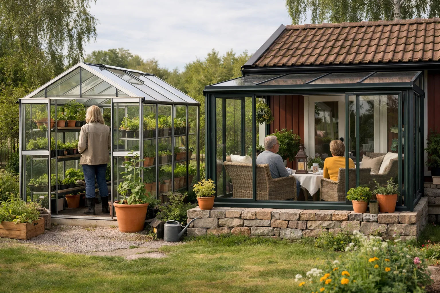 Glasrum av aluminium och glas med planteringar och en sittgrupp i trädgården